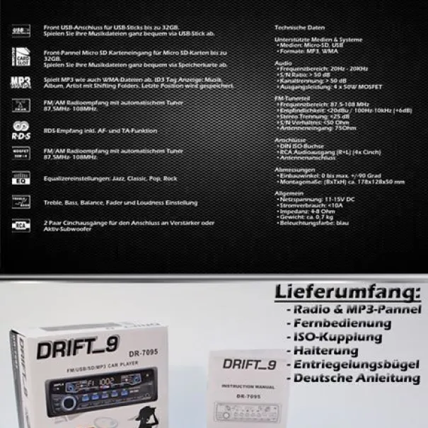 Autoradio - Drift 9 DR7095 FM USB MP3 SD Car Player - Bild 4 / 12