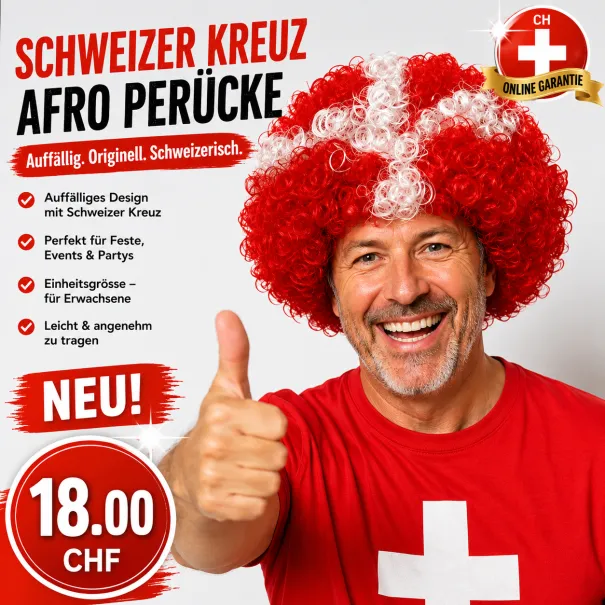 🇨🇭 Rot weisse Schweiz Afro Perücke mit Kreuz - Bild 1 / 1